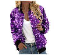 Foweknow Veste Bomber Femme Avec Motif Paillettes Glitzernde Veste Courte Manches Longues Fermeture Éclair Veste De Mi-Saison Biker Festival Club Party Décontractée Open Front Cardigan, lilas, S