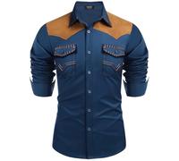 Foweknow Veste en jean pour homme Western Cowboy Chemise en jean tendance Bloc de couleurs Décontractée Chemise à manches longues Hippie Streetwear Slim Fit Chemise de loisirs Simplicité polyvalente