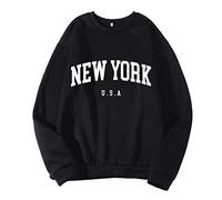 Fowjknww Pull Homme Sans Capuche Imprimé Sweat-shirt New York Imprimé Techwear Hip Hop Harajuku Streetwear Patchwork Urban T-shirt à manches longues Col rond Sport Fitness T-shirt de loisirs, Noir , L