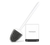 Fowooyeen Brosse WC Silicone, Brosse de Toilette Silicone et Support, Balayette WC Suspendu Plate à Séchage Rapide avec Manche Long, Balai Toilette Salle de Bain, Autoportant/Mural, Blanc Mat