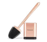 Fowooyen Brosse Toilettes WC Silicone, Balayette avec Support, Or Rose | tête plate nettoie sous le bord, balai wc flexible, fixation murale, anti-odeur, séchage rapide, pour petite salle de bain