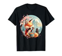 Fox Eating Ramen Mount Fuji Pagode Tower Illustration Arbre Sakura T-Shirt