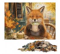 Fox Enjoying Matcha Latte Puzzle pour Adultes en Bois 300 pièces | Présent de Noël pour passionné avec loisir manuel en intérieur pendant une soirée calme.