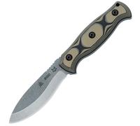 Fox-Knives COUTEAU FIXE FOX/TOPS EGO ACIER CARBONE HAUT 1095 LAME STONE WASHED, MANCHE G10 BICOLORE
