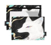 Fox Lot de 2 trousses à crayons noires et dorées pour classeur à 3 anneaux Fermeture éclair lisse avec fenêtre en PVC transparent pour fournitures scolaires