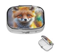 Fox - Pilulier décoratif à 2 compartiments avec miroir - Pour sac à main ou poche - Petit pilulier carré en métal - Pour médicaments et vitamines - Cadeau de voyage