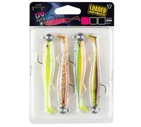 Fox Rage Slick Shad Lot de 4 poissons en caoutchouc colorés UV Mixed - Poids / Longueur/Taille du crochet : 7 g - 9 cm - Taille 2/0