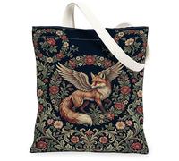 Fox Sac fourre-tout en toile pour femme, style vintage, bohème, ailes et fleurs, bleu marine, lavable et réutilisable, petit sac fourre-tout idéal pour les voyages W, bleu marine, 13x15 Inch
