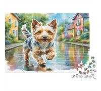 Fox Terrier à Poil Dur Papier épais Terrier Courant dans Une Rue de Village avec des flaques Puzzle Activité relaxante Interactive 70x50cm/1000 pièces