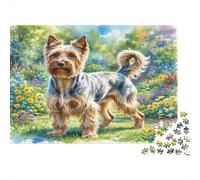 Fox Terrier à Poil Dur Papier résistant Yorkie dans Une Prairie Fleurie colorée Puzzle Stimulant Mental Anti-Stress 52x38cm/1000 pièces