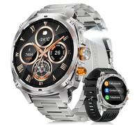 FOXBOX Montre Connectée Homme 1,75 Pouces Écran Incurvé AMOLED, Smartwatch Militaire avec Lampe LED pour Android/iOS, Étanche IP68, 800mAh, 200+ Cadrans, 110+ Modes Sport, Argent