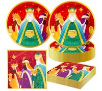 Foxercases Lot de 48 assiettes de Noël pour 24 invités - Décorations de fête des rois - Cadeaux chrétiens - Fournitures de Noël Los Reyes Magos