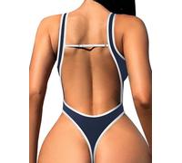 Foxiny Maillot de bain sexy dos nu string taille haute avec coupe profonde et col en V une pièce, Bleu marine/blanc, Taille L