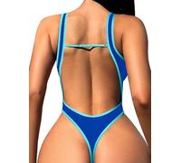 Foxiny Maillot de bain sexy dos nu string taille haute avec coupe profonde et col en V une pièce, bleu, Taille M