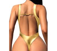 Foxiny Maillot de bain sexy dos nu string taille haute avec coupe profonde et col en V une pièce, doré, Taille M