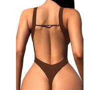 Foxiny Maillot de bain sexy dos nu string taille haute avec coupe profonde et col en V une pièce, marron, XX-Large