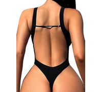 Foxiny Maillot de bain une pièce sexy dos nu échancré taille haute string col en V, noir, Taille L