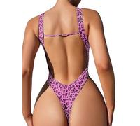 Foxiny Maillot de bain une pièce sexy dos nu échancré taille haute string col en V, rose/léopard, Taille M