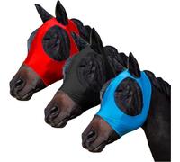 FOXLVDA Lot de 3 masques anti-mouches pour chevaux avec oreilles, tissu extensible tendance et respirant avec protection UV et soleil pour cheval de taille moyenne (bleu-noir-rouge, taille L)