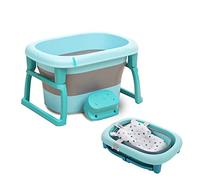 FOXSPORT Baignoire pour bébé, pliable, grande, avec coussin de bain, siège de bain, raccord de tête de douche, ergonomique, peu encombrante, portable, pour bébés de 0 à 36 mois, bleue