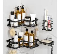 FOXWHALE 4 Pièces Étagère de Douche sans Percage - Noir Porte Savon Douche Sans PerçAge Avec Crochets- Avec 1 Support De Dentifrice Et 1 Porte-Savon - Organiseur De Salle De Bain Et Cuisine
