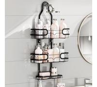 FOXWHALE Étagère de Douche à Suspendre - Étagère de Douche à Suspendre avec Support de Rasage et Porte-Savon et Plusieurs Crochets - Noir - Sans Perçage - Panier de Douche Suspendu pour Bombes de
