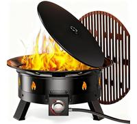 Foyer extérieur sans fumée avec Interrupteur pneumatique 21 Pouces au Propane avec Grille, Pieds Pliables, certifié CSA, 58 000 BTU, Noir, métal, Rond, Compatible avec Le Propane