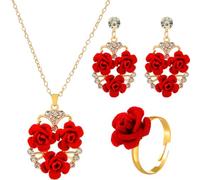 FOYTOKI 1 ensemble Set de Bijoux Rose Parure Collier et Boucles Oreilles avec Anneau Romantique pour Saint Valentin et Mariage Rouge et Vintage