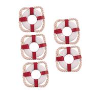 FOYTOKI Bouée de Sauvetage Miniature Lot de 5 Décorations Nautiques Méditerranéennes Figurines pour Maison de Poupée Accessoires Décoratifs pour Table Plage Océan Été Plastique Rouge