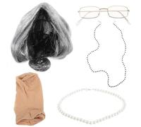 FOYTOKI Kit de Déguisement Vieille Dame avec Perruque Grise Lunettes Dorées à Bord Carré Collier et Chaîne pour Lunettes Accessoires Cosplay pour Fête et Spectacle