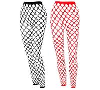 FOYTOKI Lot de 2 Collants Résille Ajourés Taille Haute pour Filles, 9/10 Noirs et Rouges sans Ouverture, Effet Strass, Chinlon Respirant et Confortable, Idéals pour Soirées et Occasions
