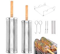 Foyucool Accessoires Barbecue, 2 Paniers à Griller Roulants et Emboîtables en Acier Inoxydable Épaissi, Poignée en Bois Amovible, pour Viande, Légumes, Camping, Grille Barbecue
