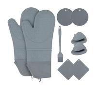 Foyucool Gant Four Lot de 9, 2 Gants de Cuisine, 4 Maniques Cuisine(2 Ronds+2 Carrés), 2 Mini Gants et 1 Brosse en Silicone, Résistant à la Chaleur et Antidérapant, pour la Cuisson, la Pâtisserie
