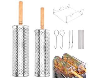 Foyucool Panier Gril Barbecue Roulant Inox Empilable | Acier inoxydable épais, poignée bois amovible anti-brûlure. Paniers roulants empilables pour viandes légumes jardin camping