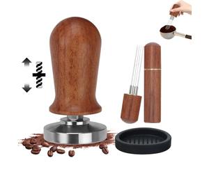 Foyucool Set de 3 Espresso Tamper, 51mm Poignée en Bois Presse à Café, WDT Outil 6 Aiguilles, Tapis en Silicone, Ressort Interne pour Presser Facilement, Acier Inoxydable Haute Résistance