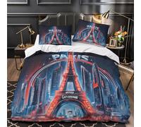 FPAKAKIIE Horizon de Paris 3D Imprimé Drap de Couette Microfibre éclair dissimulé Un Paysage Urbain futuriste Housse de Couette 2 taies Respirant Couples Famille Super King（260x220cm）