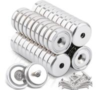 FPMYB Lot de 40 aimants en néodyme extra puissants - 10 kg de force - 20 x 7 mm - Avec trou et capsule - Aimants en pot à tête fraisée avec vis et coussin en acier - Aimants puissants pour cuisines,