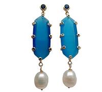 FQHIDMOMX 11x14mm Cultured White Rice Pearl 15x32mm Blue Cat Eye Pave Stud Drop Earrings Fashion Party Jewelry