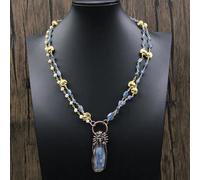 FQHIDMOMX 2 Rows Cultured White Pearl Blue kyanite Chain statement Necklace Rough Raw Pendant 22" For Lady Gift