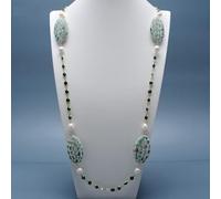 FQHIDMOMX 44" Cultured White Rice Pearl Green Pave Crystal Chain Long Necklace For Women