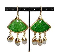 FQHIDMOMX Cultured White Coin freshwater Pearl Green fan Shape Jade Carved Stud Earrings ethnic style Women Jewelry