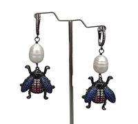 FQHIDMOMX Cultured White RicePearl Pave Beetle gunmetal color lever Earrings