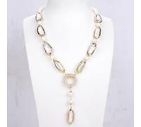 FQHIDMOMX Freshwater Cultured White Biwa Pearl Rectangle Round Pearl Y-Drop Necklace 18.5"
