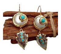 FQHIDMOMX Freshwater Cultured White Coin Pearl Blue Crystal White Quartz Arrowhead Dangle Hook Earrings