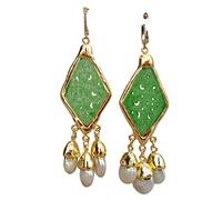 FQHIDMOMX Green Rhombus Jade Carved Cultured White Freshwater Pearl Dangle Stud Earrings vintage style for women
