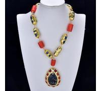 FQHIDMOMX Orange Coral Blue With Electroplated Edge Bezel Gold Plated Brushed Necklace Ocean Jasper Coral Pendant