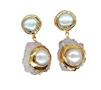 FQHIDMOMX White Quartz Rough Cultured White freshwater Pearl Cluster gold Filled Earrings for women