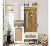 FQJVTDR Ensemble de Vestiaire d'Entrée avec Miroir, 6 Cintres Dorés, Rangement Chaussures, Penderie Murale, Compartiment Supérieur, Banc et Éclairage LED 16 Couleurs (110 x 38 x 190 cm)