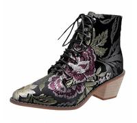 FQLGJMY Bottines Pour Femme Style Vintage Ethnique Bohème Broderie Léopard Coupe Basse Talon Bout Pointu Lacets Robe Jupe Jean Décontracté Quotidien Fête Rendez-vous Voyage