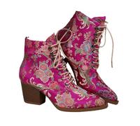 FQLGJMY Bottines Pour Femme Style Vintage Ethnique Bohème Broderie Léopard Coupe Basse Talon Bout Pointu Lacets Robe Jupe Jean Décontracté Quotidien Fête Rendez-vous Voyage